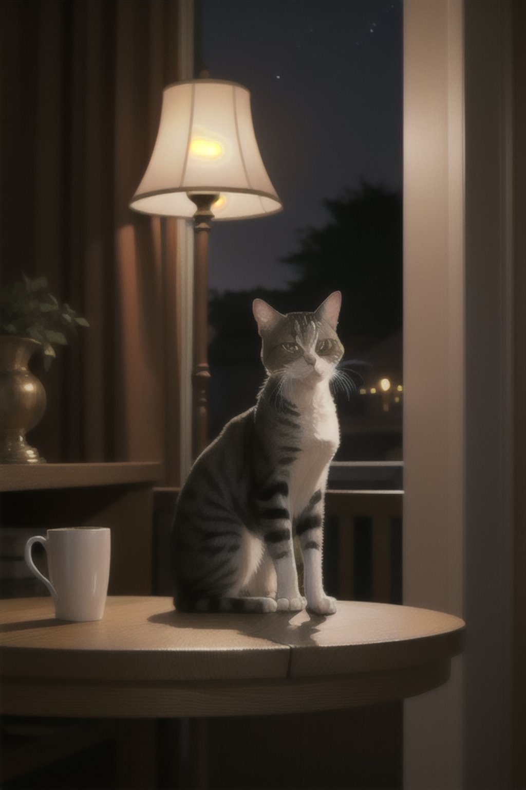 A cat sitting on a table near a lamp at night