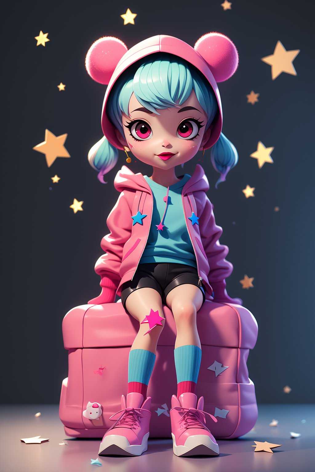 masterpiece, best quality, 8k, cinematic light, ultra high res, chibi, 1girl, bag, backpack, solo, multicolored hair, shorts, star \, (symbol\), blue hair, hood, sitting, pink hair, star hair ornament, head rest, socks, pink footwear, black shorts, hair ornament, full body, boots, bandaid, gradient, twintails, jacket, 