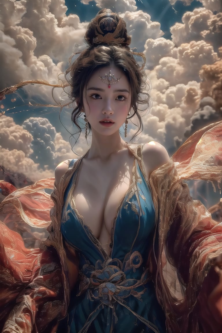 1girl, full_body_portrait, huge breast, beautiful face, beautiful body
 soft lighting, Cinematic, (Surrealism: 1.2), (8K UHD: 1.2), (Photorealism: 1.2), Shot with medium format camera, Professional camera, Perfectly Delicate and Rich in Detail, (masterpiece, top quality, best quality, official art, beautiful and aesthetic:1.2), (((1girl))), dynamic pose, extreme detailed, ,crop shirt underboob,Kitagawa marin,sexbodysuit, (dynamic pose),heart hands,glowing forehead,Fairy in Clouds