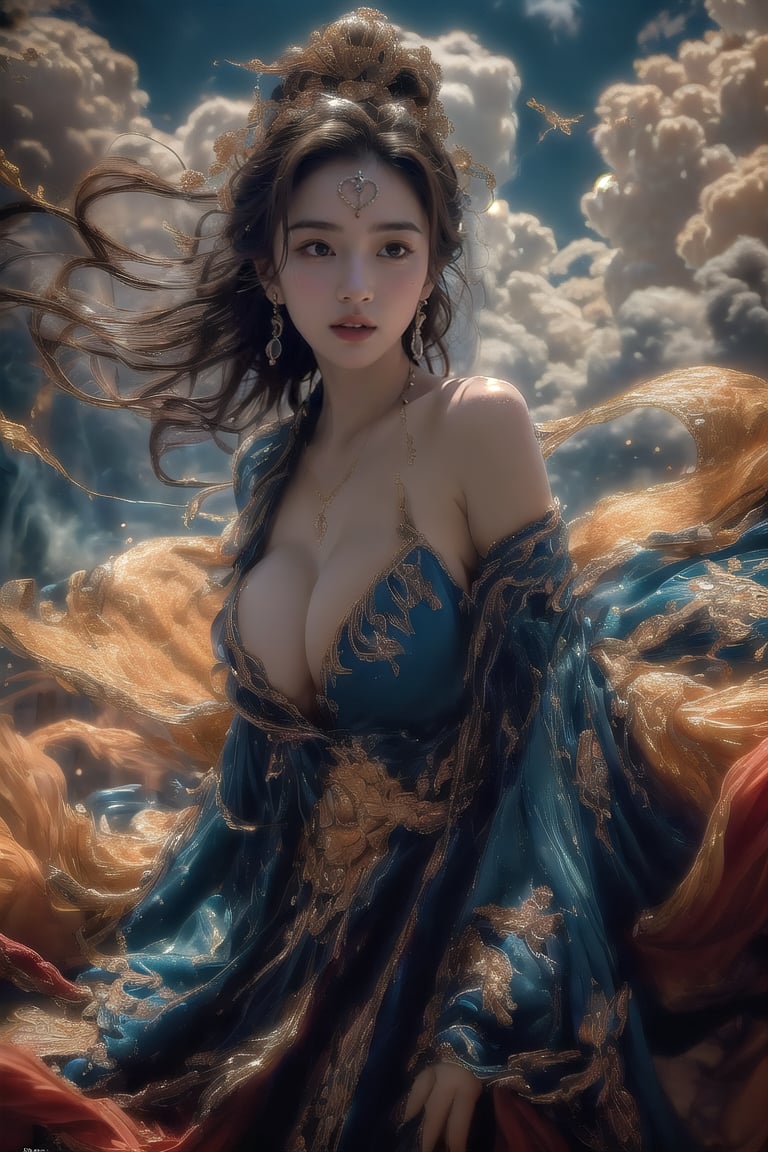 1girl, full_body_portrait, huge breast, beautiful face, beautiful body
 soft lighting, Cinematic, (Surrealism: 1.2), (8K UHD: 1.2), (Photorealism: 1.2), Shot with medium format camera, Professional camera, Perfectly Delicate and Rich in Detail, (masterpiece, top quality, best quality, official art, beautiful and aesthetic:1.2), (((1girl))), dynamic pose, extreme detailed, ,crop shirt underboob,Kitagawa marin,sexbodysuit, (dynamic pose),heart hands,glowing forehead,Fairy in Clouds