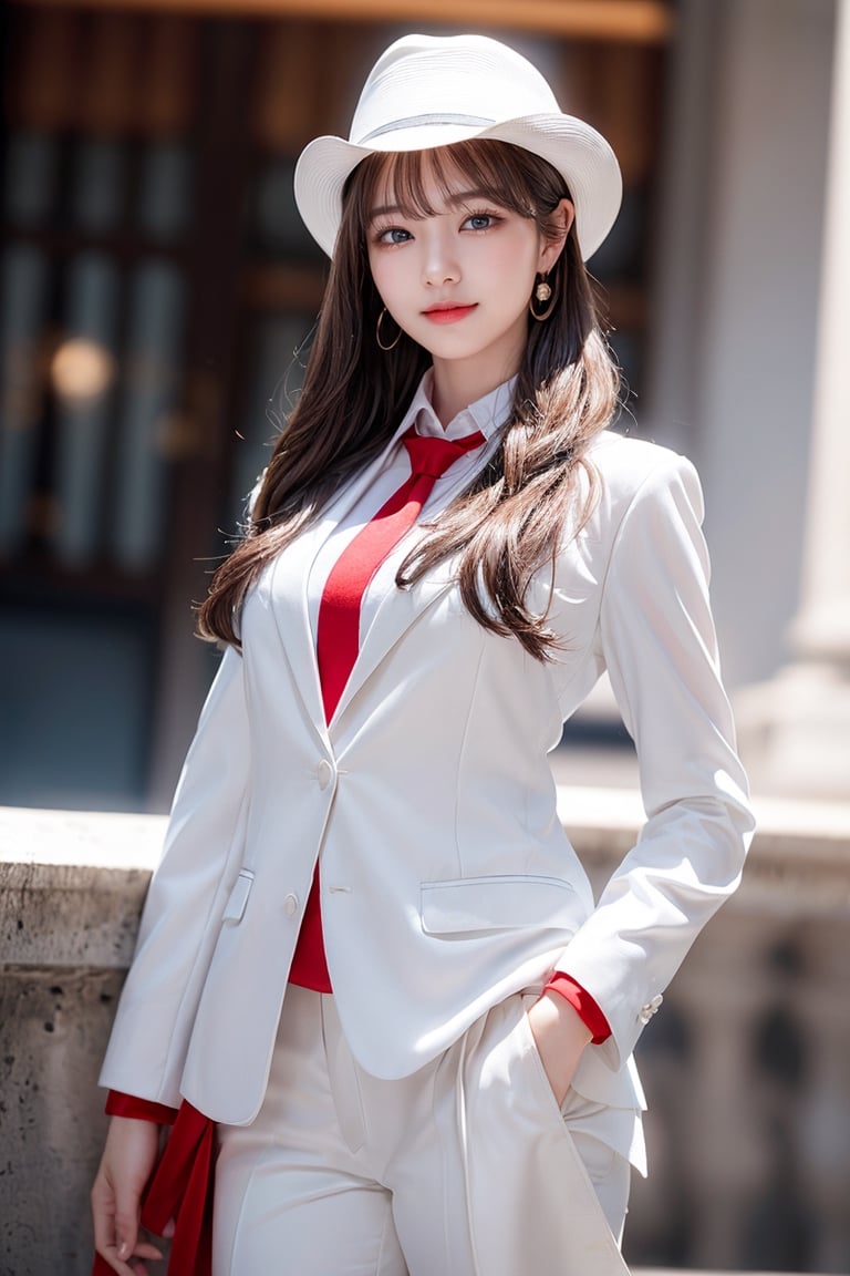 1 girl, very bright backlighting, solo, {beautiful and detailed eyes}, large breasts,calm expression, natural and soft light,delicate facial features, Blunt bangs, beautiful korean girl, eye smile, very small earrings,(wearing a white work suit, a white tie, and a red Yshirt and a white fedora hat:1.3),(long hair:1.3),drawn action:(The girl must be standing in a model pose:1.3),23yo, film grain, realhands,shy smile,(cowboy shot:1.3)