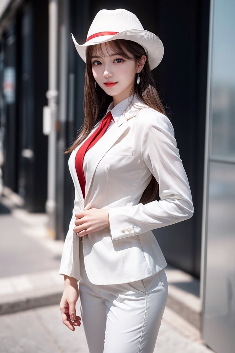 1 girl, very bright backlighting, solo, {beautiful and detailed eyes}, large breasts,calm expression, natural and soft light,delicate facial features, Blunt bangs, beautiful korean girl, eye smile, very small earrings,(wearing a white work suit, a white tie, and a red Yshirt and a white fedora hat:1.3),(long hair:1.3),drawn action:(The girl must be standing in a model pose:1.3),23yo, film grain, realhands,shy smile,(cowboy shot:1.3)