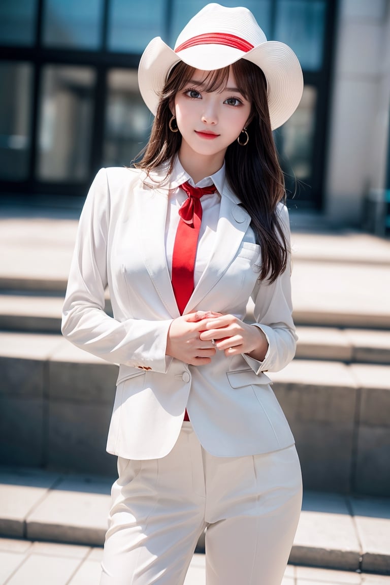 1 girl, very bright backlighting, solo, {beautiful and detailed eyes}, large breasts,calm expression, natural and soft light,delicate facial features, Blunt bangs, beautiful korean girl, eye smile, very small earrings,(wearing a white work suit, a white tie, and a red Yshirt and a white fedora hat:1.3),(long hair:1.3),drawn action:(The girl must be standing in a model pose:1.3),23yo, film grain, realhands,shy smile,(cowboy shot:1.3)