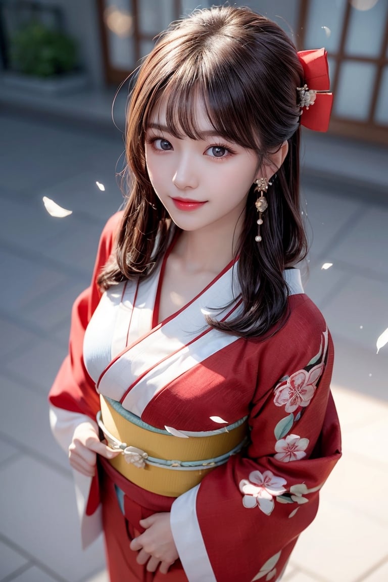 1 girl, very bright backlighting, solo, {beautiful and detailed eyes}, large breasts, dazzling moonlight, calm expression, natural and soft light, hair blown by the breeze, delicate facial features, Blunt bangs, beautiful korean girl, eye smile, very small earrings,(wearing a red kimono with a hair arrangement:1.3),23yo, film grain, realhands,(smile1.5),fullbody,(overhead shot:1.3)