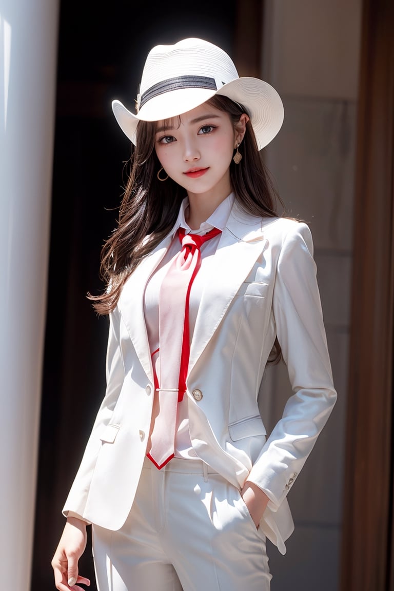 1 girl, very bright backlighting, solo, {beautiful and detailed eyes}, large breasts,calm expression, natural and soft light,delicate facial features, Blunt bangs, beautiful korean girl, eye smile, very small earrings,(wearing a white work suit, a white tie, and a red Yshirt and a white fedora hat:1.3),(long hair:1.3),drawn action:(The girl must be standing in a model pose:1.3),23yo, film grain, realhands,shy smile,(cowboy shot:1.3)