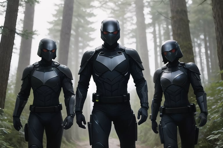 a four soldiers wearing black cybersuit in forest 