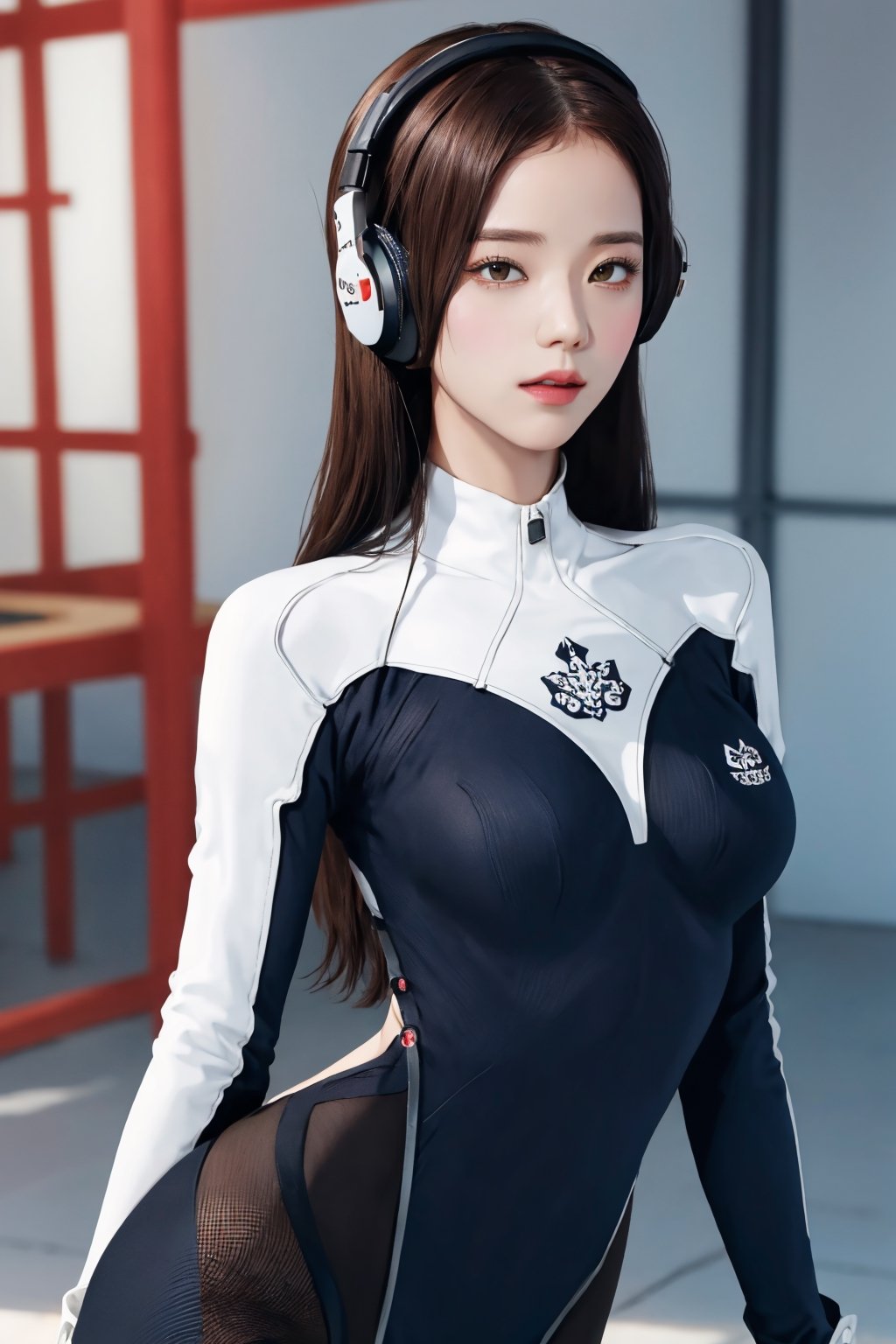 (hip up body, looking at viewer, center opening,) 1girl, sagging breasts, long hair, brown hair, headphones, whisker markings, shoulder pads, blue bodysuit, ribbed bodysuit, animal print, clothes writing, long sleeves, white gloves, 
detailed clothing, 
digital painting, official art, unity 8k wallpaper, ultra detailed, masterpiece, best quality, hyperrealistic,  (fractal art:1.3), 
ancient background, zentangle, mandala, tangle, entangle,aahana,chimai,htt,jisoo