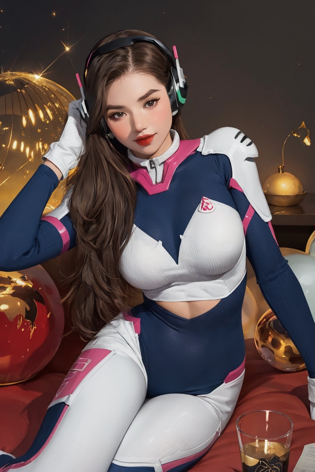 (thigh up body, face focus, looking at viewer, center opening,) 1girl, sagging breasts, long hair, brown hair, headphones, whisker markings, shoulder pads, blue bodysuit, ribbed bodysuit, animal print, clothes writing, long sleeves, white gloves, 
detailed clothing, 
digital painting, official art, unity 8k wallpaper, ultra detailed, masterpiece, best quality, hyperrealistic,  (fractal art:1.3), 
ancient background, zentangle, mandala, tangle, entangle,aahana,chimai