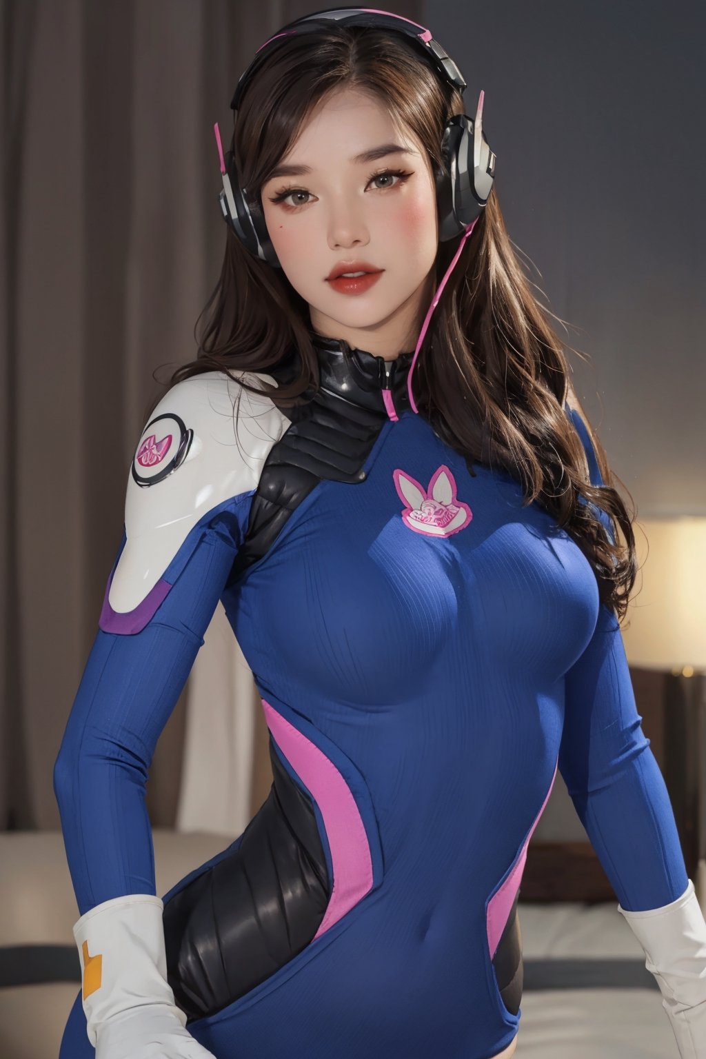 (hip up body, looking at viewer, center opening,) 1girl, sagging breasts, long hair, brown hair, headphones, whisker markings, shoulder pads, blue bodysuit, ribbed bodysuit, animal print, clothes writing, long sleeves, white gloves, 
detailed clothing, 
digital painting, official art, unity 8k wallpaper, ultra detailed, masterpiece, best quality, hyperrealistic,  (fractal art:1.3), 
ancient background, zentangle, mandala, tangle, entangle,aahana,chimai