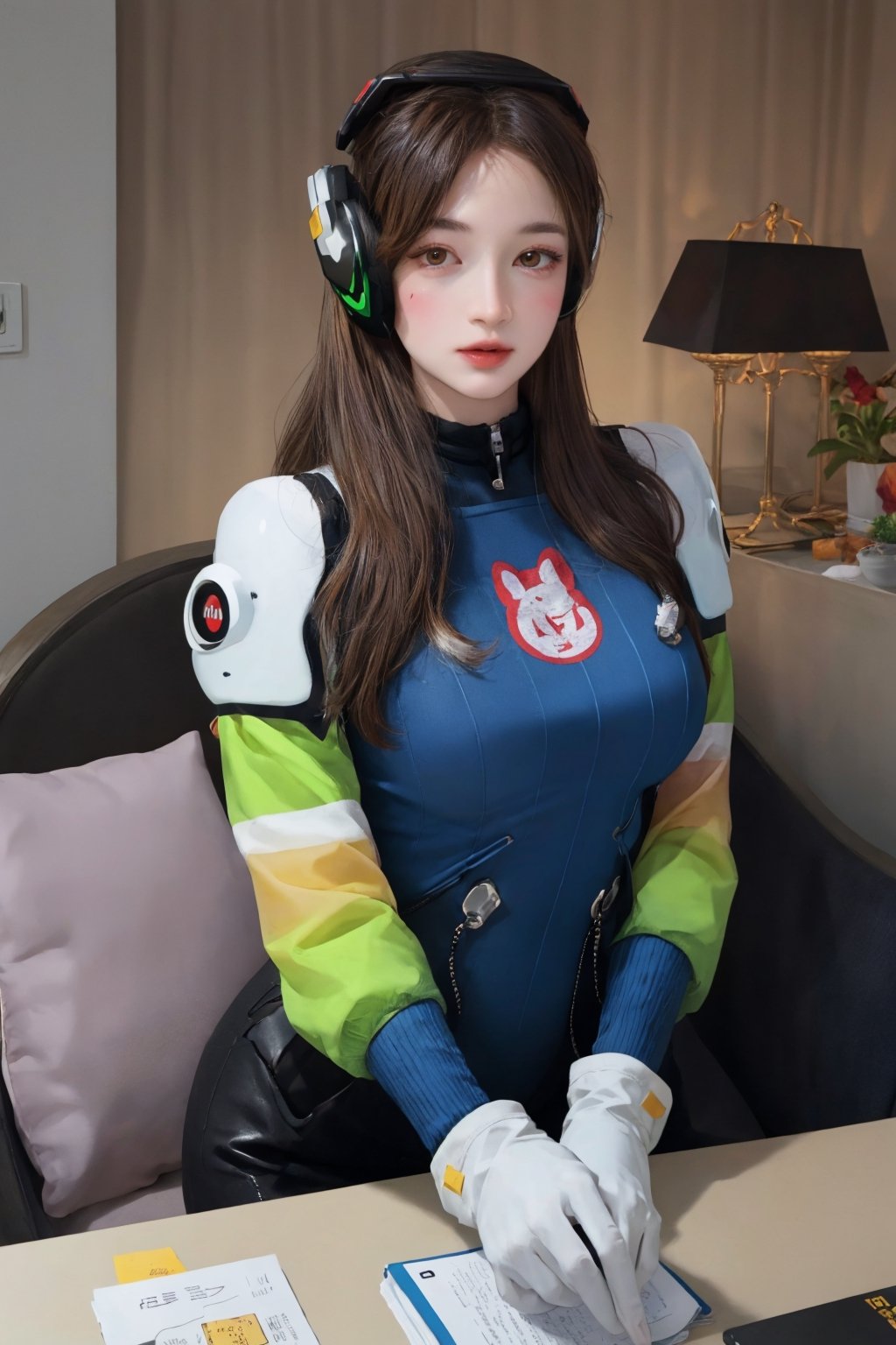 (hip up body, looking at viewer, center opening,) 1girl, sagging breasts, long hair, brown hair, headphones, whisker markings, shoulder pads, blue bodysuit, ribbed bodysuit, animal print, clothes writing, long sleeves, white gloves, 
detailed clothing, 
digital painting, official art, unity 8k wallpaper, ultra detailed, masterpiece, best quality, hyperrealistic,  (fractal art:1.3), 
ancient background, zentangle, mandala, tangle, entangle,aahana,chimai,htt