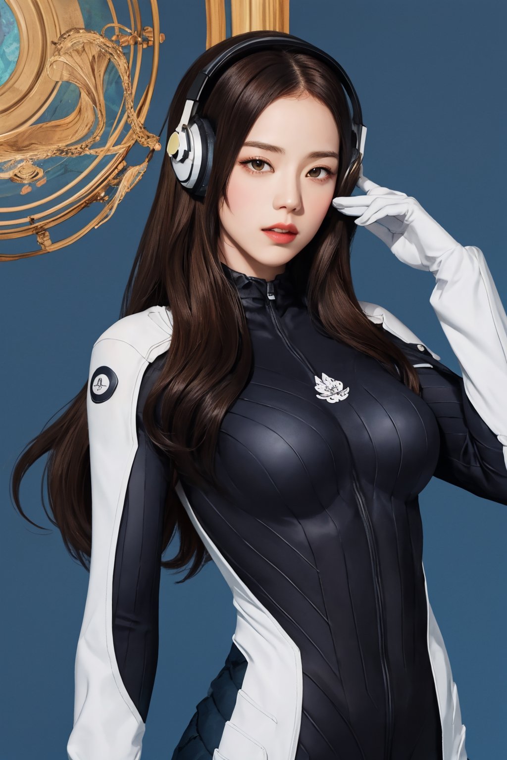 (hip up body, looking at viewer, center opening,) 1girl, sagging breasts, long hair, brown hair, headphones, whisker markings, shoulder pads, blue bodysuit, ribbed bodysuit, animal print, clothes writing, long sleeves, white gloves, 
detailed clothing, 
digital painting, official art, unity 8k wallpaper, ultra detailed, masterpiece, best quality, hyperrealistic,  (fractal art:1.3), 
ancient background, zentangle, mandala, tangle, entangle,aahana,chimai,htt,jisoo