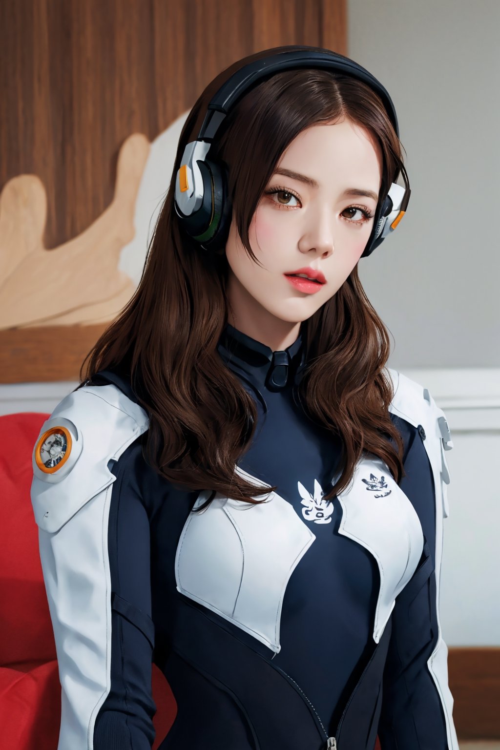 (hip up body, looking at viewer, center opening,) 1girl, sagging breasts, long hair, brown hair, headphones, whisker markings, shoulder pads, blue bodysuit, ribbed bodysuit, animal print, clothes writing, long sleeves, white gloves, 
detailed clothing, 
digital painting, official art, unity 8k wallpaper, ultra detailed, masterpiece, best quality, hyperrealistic,  (fractal art:1.3), 
ancient background, zentangle, mandala, tangle, entangle,aahana,chimai,htt,jisoo