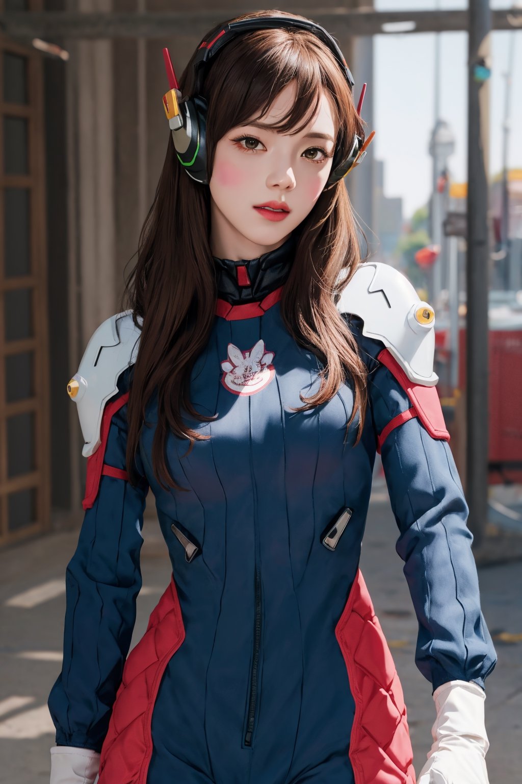 (hip up body, looking at viewer, center opening,) 1girl, sagging breasts, long hair, brown hair, headphones, whisker markings, shoulder pads, blue bodysuit, ribbed bodysuit, animal print, clothes writing, long sleeves, white gloves, 
detailed clothing, 
digital painting, official art, unity 8k wallpaper, ultra detailed, masterpiece, best quality, hyperrealistic,  (fractal art:1.3), 
ancient background, zentangle, mandala, tangle, entangle,aahana,chimai,htt,jisoo