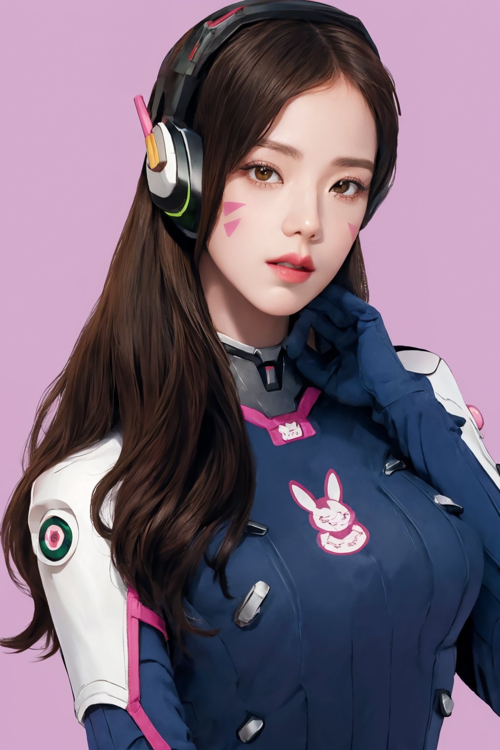 (hip up body, looking at viewer, center opening,) 1girl, sagging breasts, long hair, brown hair, headphones, whisker markings, shoulder pads, blue bodysuit, ribbed bodysuit, animal print, clothes writing, long sleeves, white gloves, 
detailed clothing, 
digital painting, official art, unity 8k wallpaper, ultra detailed, masterpiece, best quality, hyperrealistic,  (fractal art:1.3), 
ancient background, zentangle, mandala, tangle, entangle,aahana,chimai,htt,jisoo