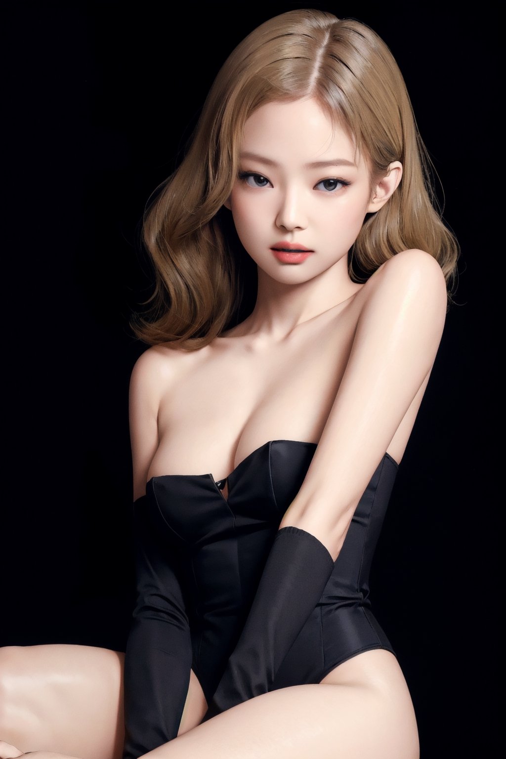  blonde 1girl, thigh up body, looking at viewer, styled clothes, high quality, highres, 8k, accurate color reproduction, dark simple background, best quality, photo by Canon 5d, 50mm ZEISS lens, sharp focus, natural lighting, profesional and intricate lighting, wide angle, jennie,jennie