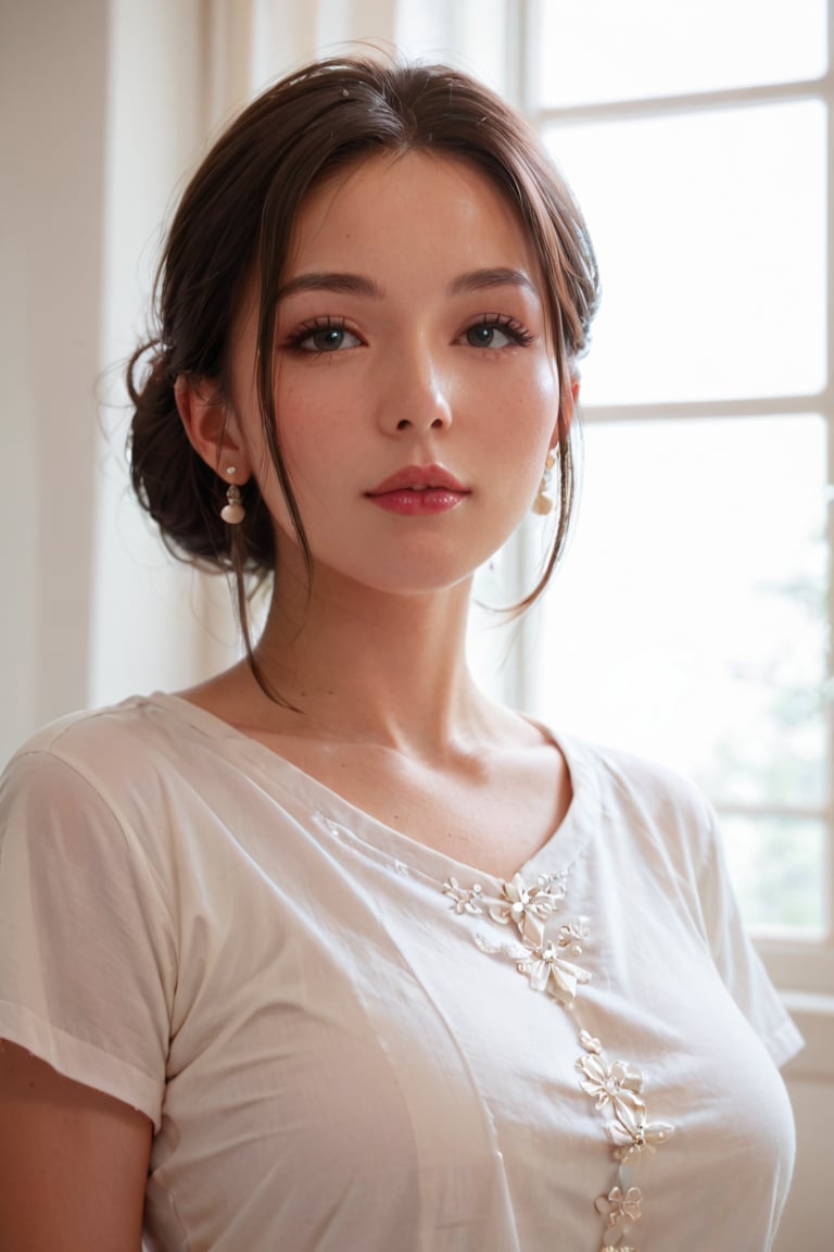 beautiful East Asia woman, pose, adorable, wearing her traditional shirt , upper body shot, wide angle shot, masterpiece, hyper details, ,score_9, score_8_up, score_8,,score_7_up,