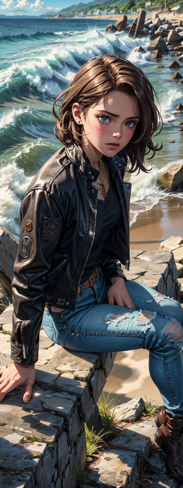 (4k), (masterpiece), (best quality),(extremely intricate), (realistic), (sharp focus), (award winning), (cinematic lighting), (extremely detailed), 

A young girl with short, dark hair and piercing blue eyes sitting on a rock overlooking the ocean. She is wearing a leather jacket and jeans. She has a serious look on her face and she is deep in thought.

,EpicSky,Isometric_Setting,realhands