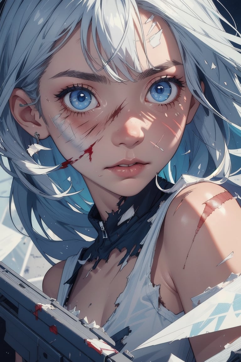 cute woman on a spaceship

(Style Midjourney), (Best illustrative quality 8k), (better details), (beautiful expressive eyes), (white skin like paper), (long ((white)) hair with bangs:0.8), (blue) eyes,

eyes_details, face_details, backgroung_details, midjourney, hands_detailed,

scars, bloody injuries, wearing only underwear, clothes are torn and destroyed, bruises, (many bloody scars on her body and face), clothes are torn and ripped apart, tshirt is torn, blood, injuries

(close up portrait), she is blushing, shy, very nervous, skinny, slim body, flat chest, surprised,