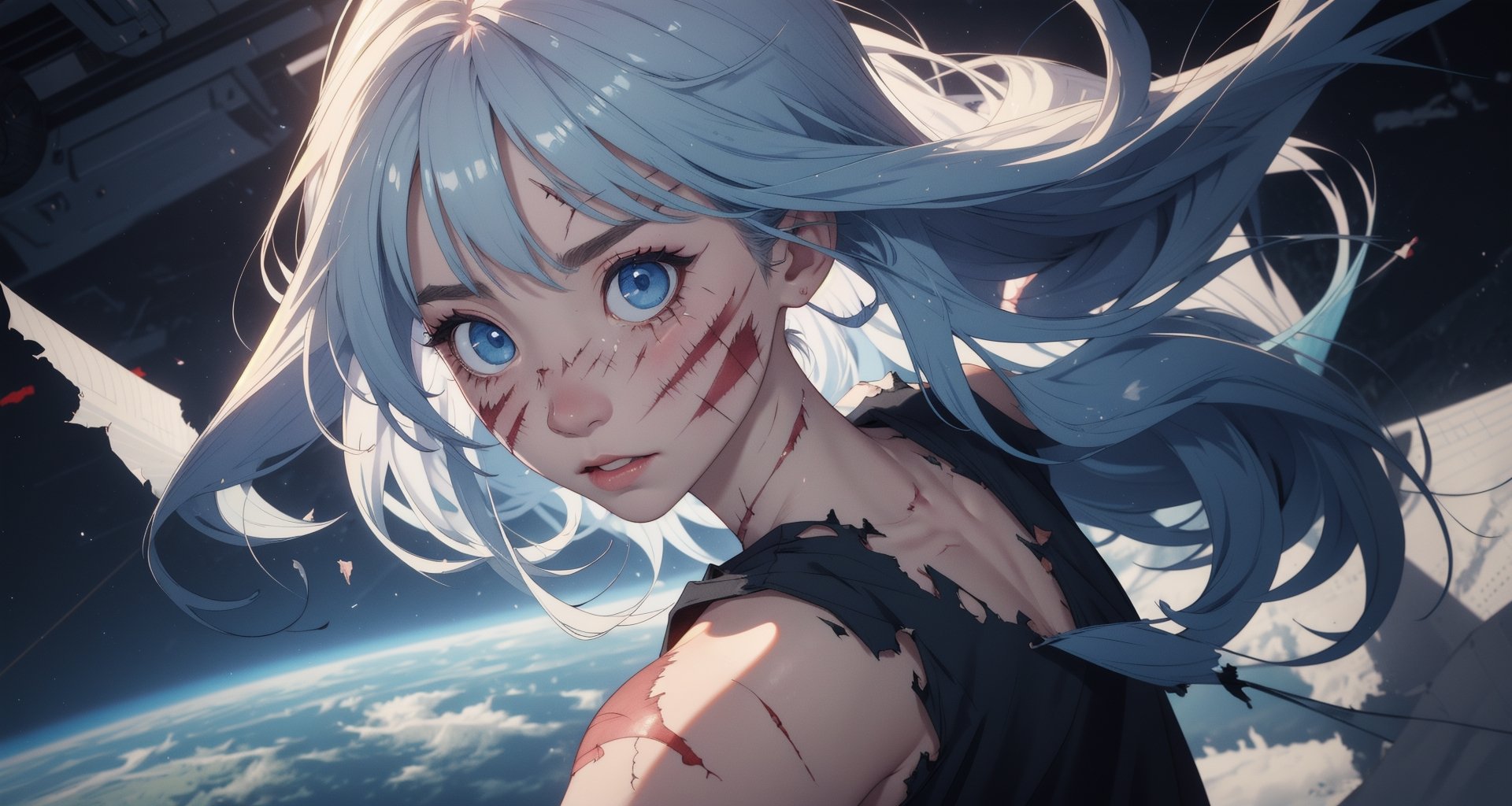 cute woman on a spaceship

(Style Midjourney), (Best illustrative quality 8k), (better details), (beautiful expressive eyes), (white skin like paper), (long ((white)) hair with bangs:0.8), (blue) eyes,

eyes_details, face_details, backgroung_details, midjourney, hands_detailed,

scars, bloody injuries, wearing only underwear, clothes are torn and destroyed, bruises, (many bloody scars on her body and face), clothes are torn and ripped apart, tshirt is torn, blood, injuries

(half body), dynamic pose, she is blushing, shy, very nervous, skinny, slim body, flat chest, surprised, (1girl)