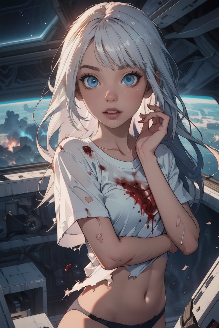 (Style Midjourney), (style cyber pubg issue 2), (Best illustrative quality 8k), (better details), 

(beautiful expressive eyes), (white skin like paper), (long ((white)) hair with bangs:0.8), (blue) eyes,

eyes_details, face_details, backgroung_details, midjourney, hands_detailed,

upper body,

in a broken spaceship, explosions in the background, fire

scars, bloody injuries, wearing only underwear, clothes are torn and destroyed, bruises, (girl in underwear in a spaceship wearing a white tshirt), (many bloody scars on her body and face), clothes are torn and ripped apart, panties are torn, tshirt is torn, blood, injuries,

she is blushing, shy, very nervous, skinny, slim body, flat chest, (she is biting her own lip), open mouth, (surprised)