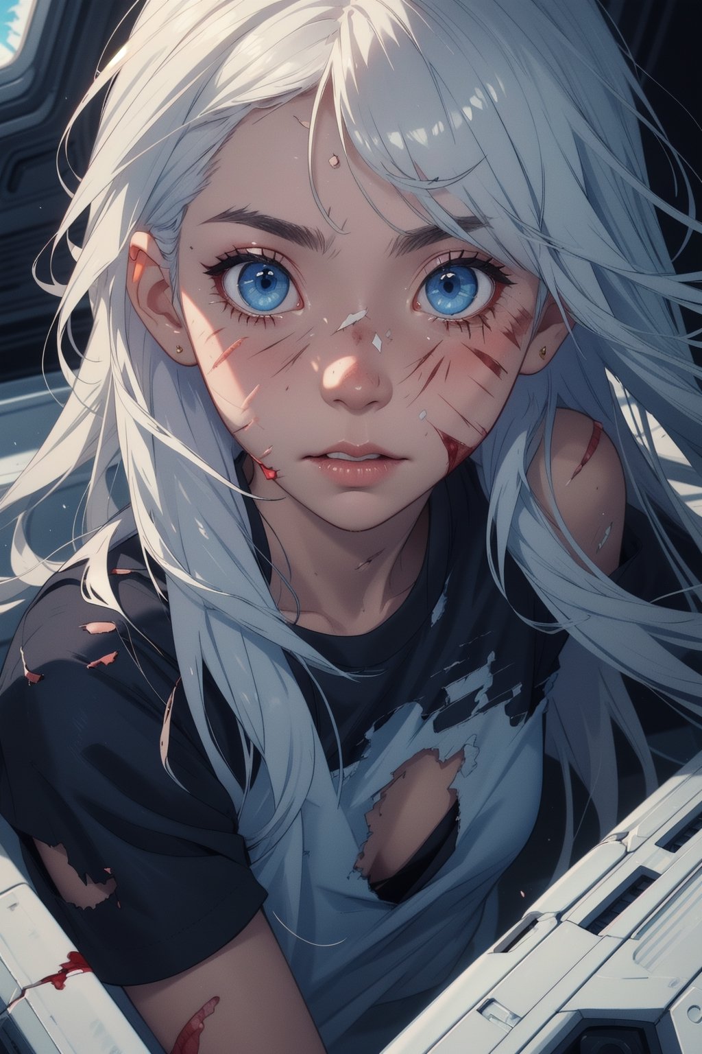 cute woman on a spaceship

(Style Midjourney), (Best illustrative quality 8k), (better details), (beautiful expressive eyes), (white skin like paper), (long ((white)) hair with bangs:0.8), (blue) eyes,

eyes_details, face_details, backgroung_details, midjourney, hands_detailed,

scars, bloody injuries, wearing only underwear, clothes are torn and destroyed, bruises, (many bloody scars on her body and face), clothes are torn and ripped apart, tshirt is torn, blood, injuries

(close up portrait), she is blushing, shy, very nervous, skinny, slim body, flat chest, surprised,