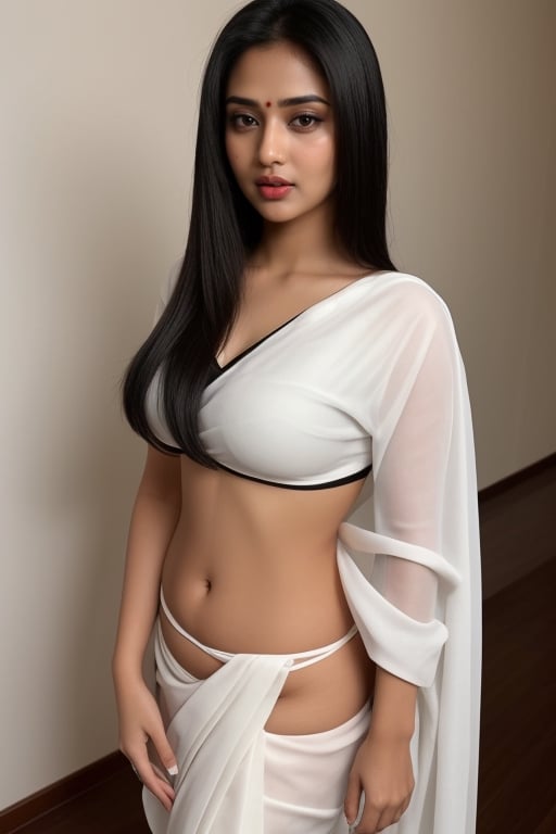  women,women wearing white saree with red blouse,standing,large breasts,tall of a person,tan line,cute face,beautiful face,tongue out,straight hair,black hair,black eyes,from above, temple,masterpiece, extremely fine and beautiful,adult woman