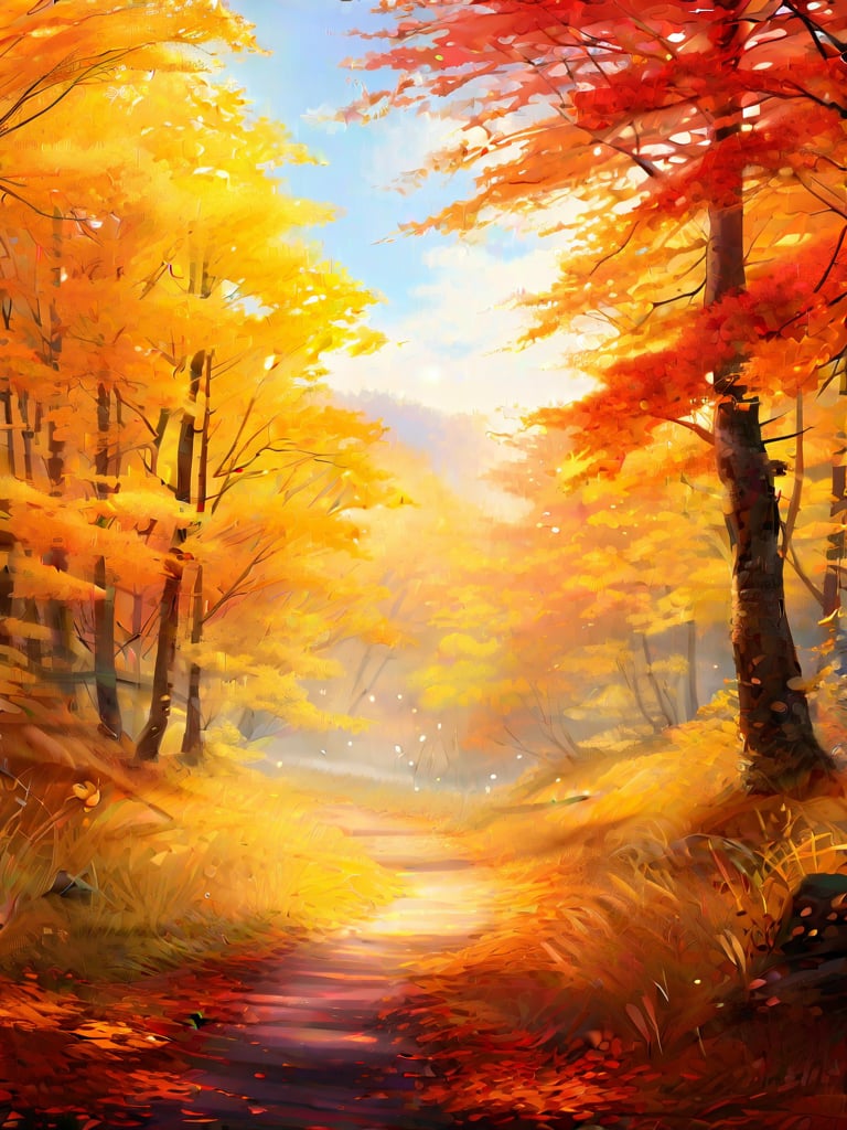 A beautiful fall crisp morning photo of the yellow and orange and red leqces of the forest with a winding trail, the tranquility is captured in full essence,digital painting