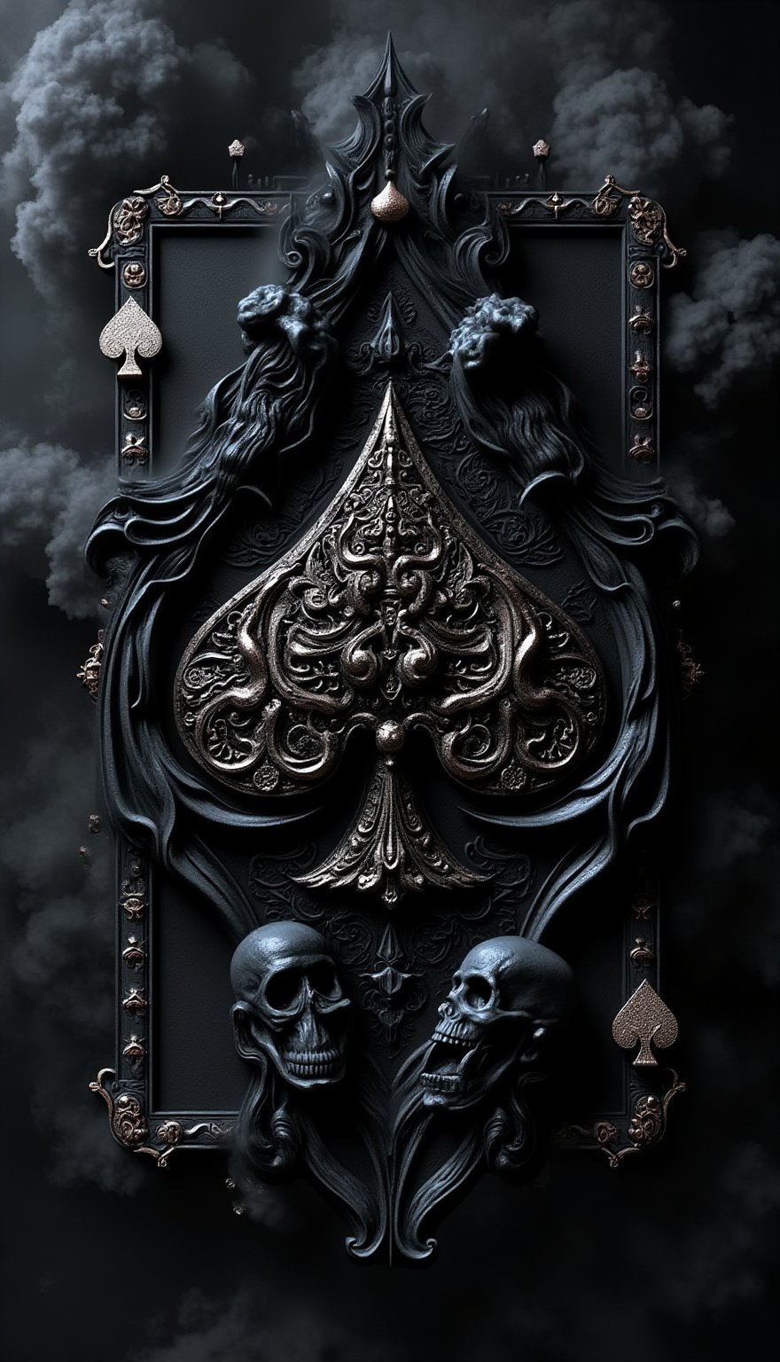 Ace of spades, skulls, skeletons, gothic,  smoke, 3D , black,black smoke 