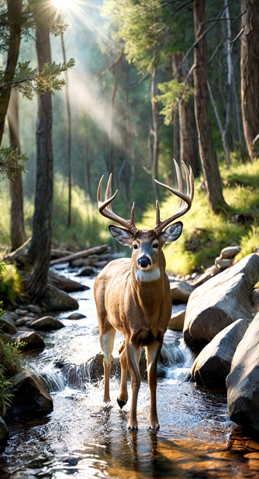 Generate hyper realistic, 8k, full body image of a male deer walking along a mountain stream, trees, forest, summer, sunlight streaming through the trees,N.A.WhitetailDeer