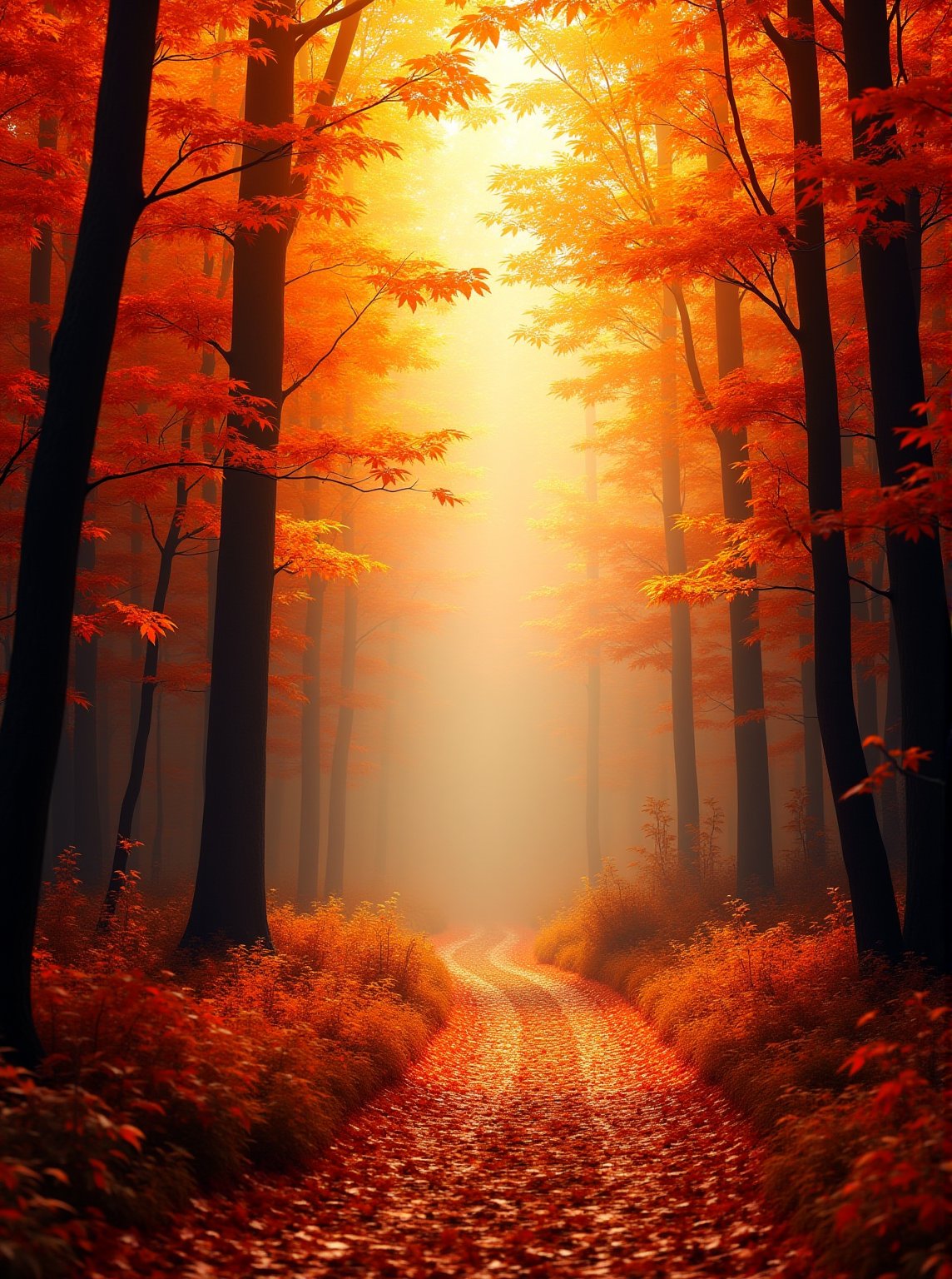 A beautiful fall crisp morning photo of the yellow and orange and red leqces of the forest with a winding trail, the tranquility is captured in full essence,digital painting