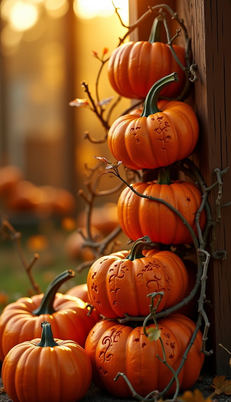 Golden afternoon light casts a warm glow on a vibrant fall pumpkin display, set against a rich brown trellis. Delicate vines and twisted stems wrap around the pumpkins, creating a textured, three-dimensional effect. The pumpkins themselves are intricately carved with swirling patterns, their bright orange hues deepening to burnt amber towards the stem.