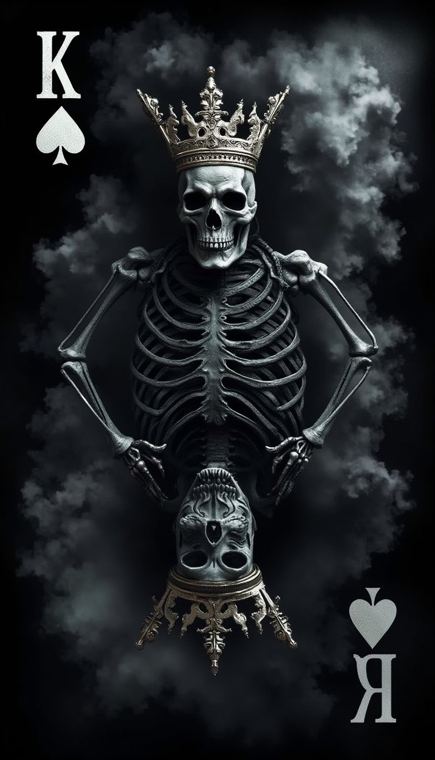 King of spades, skulls, skeletons, gothic,  smoke, 3D , black,black smoke 