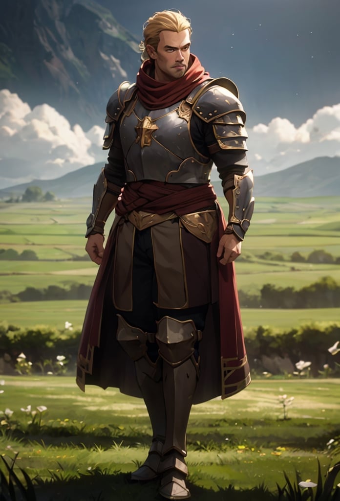 Arcane,acncait,cool pose, field background, full body shown in frame. Galahad, standing stright, proud stance, manly, knight, cape, cloak,armor