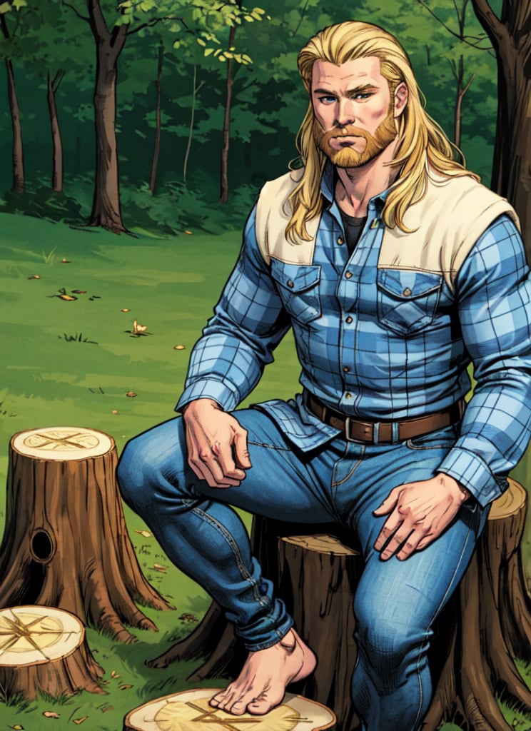 Superhero, 1man, solo, white robes from the comics with nordic runes on them, sitting on treestump infron of a homestead, whittling a peice of wood, jeans, blue flannel shirt, sleaves rolled up, blond hair, blond beard, Thor beard, long beard, Olivier Coipel artstyle,