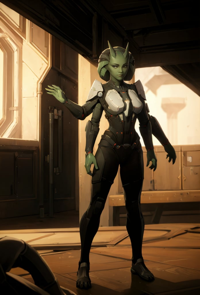 arcane style,Twilek, 1girl, alone, spaceship interior, alone in picture, orange skin, iron man armor, breastplate, vambrace, sabatons, full body in frame, clothes, B-Cup, slim body, green face, green hands, two huge thick horns, holding technical equipment, Millenium Falcon, mechanic, 4arms, four arms, upper pair of arms crossed, lower pair of arms held demurely in front, computer tech,Nautolan,ahsokatano,Gamora,Ranni,fourarms