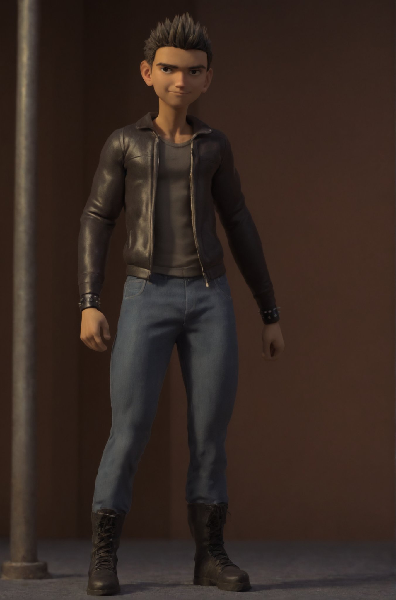 core_9_up, score_8_up, score_7_up, 1boy, solo, cbock,  dark brown hair, open sleeveless black leather jacket, T-Shirt under jacket, T-Shirt tucked into jeans, full body in picture, confident smirk, leather bracers, 3D, Hisirdoux Casperan, muscular, detailed face, detailed eyes, spiked hair, blue jeans, combat boots, heroic pose,