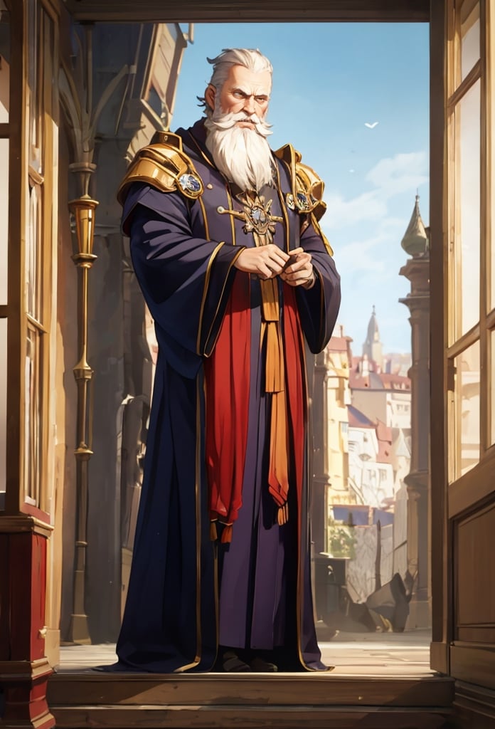 Arcane,acncait,proud pose, medieval background, full body shown in frame, Merlin, wizard, robes, long white beard,