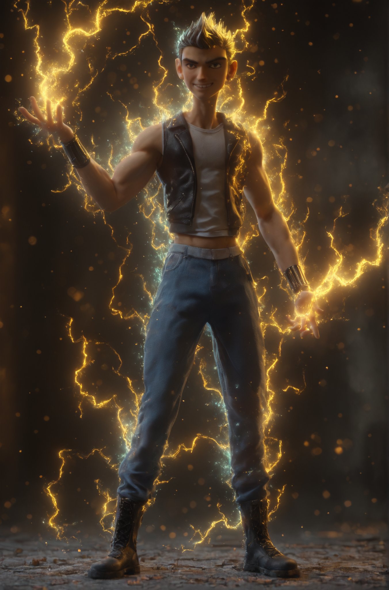 core_9_up, score_8_up, score_7_up, 1boy, solo, cbock, dark brown hair, sleeveless black leather jacket, T-Shirt under jacket, full body in picture, confident smirk, Zeus lightning, holding a yellow lightning bolt spell, magic leather bracers, 3D, Hisirdoux Casperan, muscular, detailed face, detailed eyes, spiked hair, Urban Wizard, Dresden, blue jeans, combat boots, heroic pose,noc-mgptcls,DonMM4g1cXL,electricity, (extremely detailed CG unity 8k wallpaper, masterpiece, best quality, ultra-detailed, best shadow), (detailed background), (beautiful detailed face, beautiful detailed eyes), High contrast, (best illumination, an extremely delicate and beautiful)