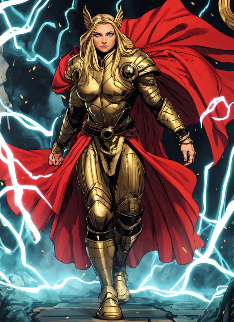 Superhero, 1girl, solo, Freyja, stright back Mature Woman, grim expression, Thor Armor, long blond hair, full body in picture, red cape, walking towards viewer, walking out of the light background, large nordic braids, ornate white and gold asgardian armor, holding a golden club, nordic diadem, thick and tall body, muscular, full asgardian armor, magic, emphasis lines, Olivier Coipel artstyle