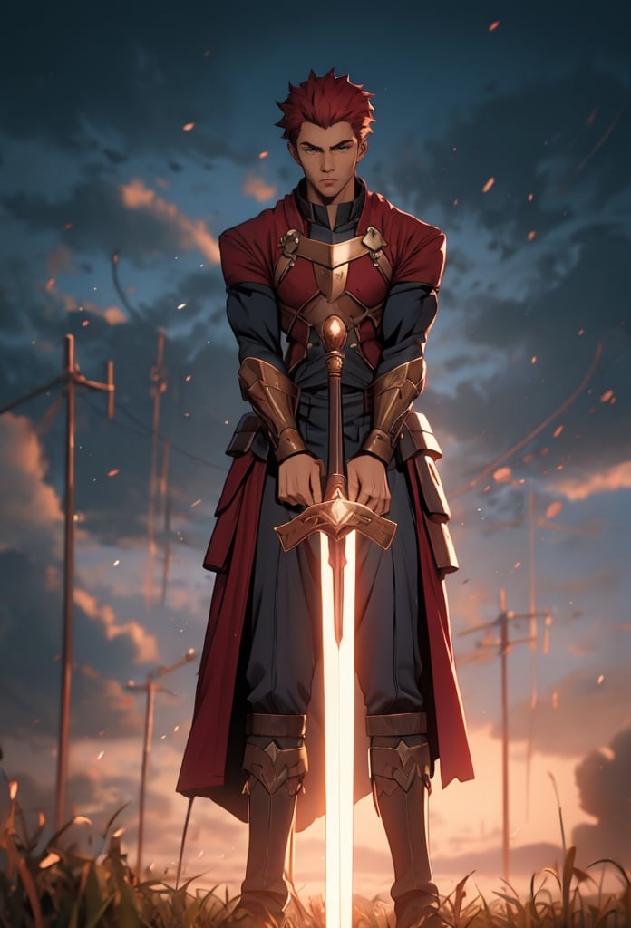 Arcane,acncait,cool pose,simple background, Man, full body shown, red hair, fate (series), EMIYA, young, teen, 1man, standing stright looking at the viewer, Runeterra background, Archer armor, red sleaves, huge red cape bilowing in the wind, covered arms, kind,shirou emiya,emiya_shiro, red hair, holding red and gold broadsword, Red and gold Excalibur, Shirou hair,Saber,emiya shirou, 1boy,swordup,holding a sword,dark skin, broadsword, Excalibur, big sword,