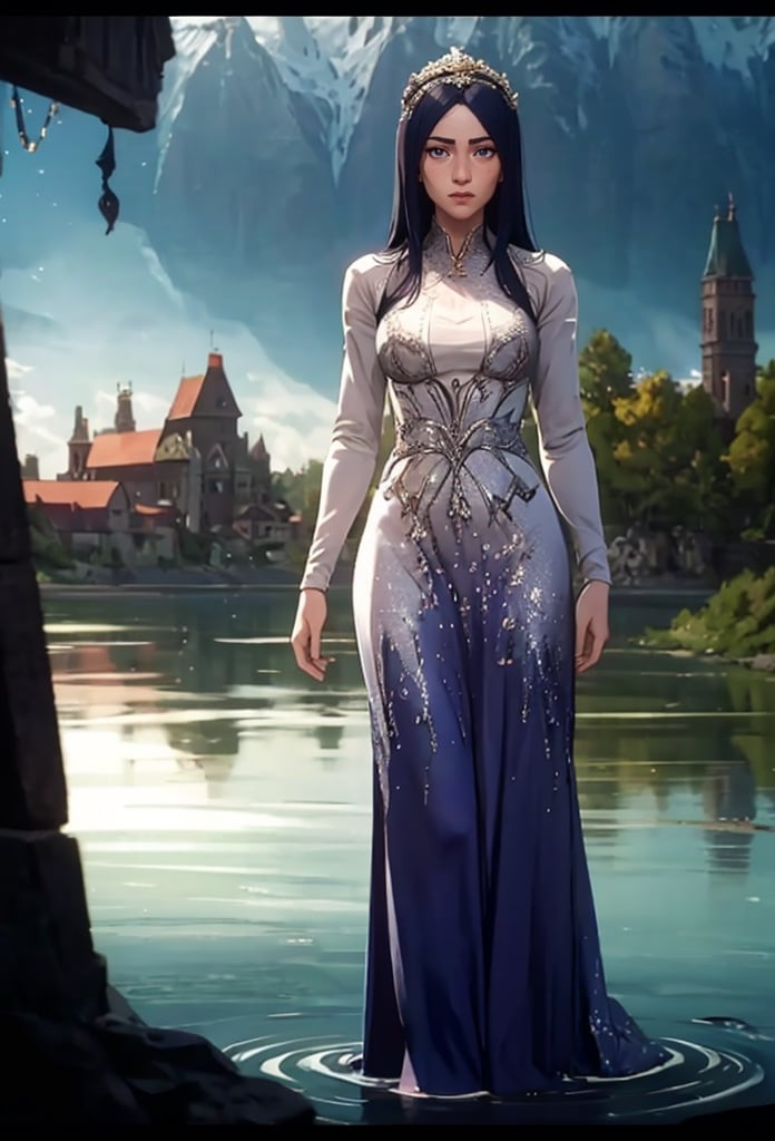 Arcane,acncait,cool pose, sorceress, medieval lake background, full body shown in frame, Nimue, Lady of the Lake,, silver and blue dress, Arturian dress, standing in the water, black hair, stright hair, long hair, silver circlet around head, alone, glowwave, elsa