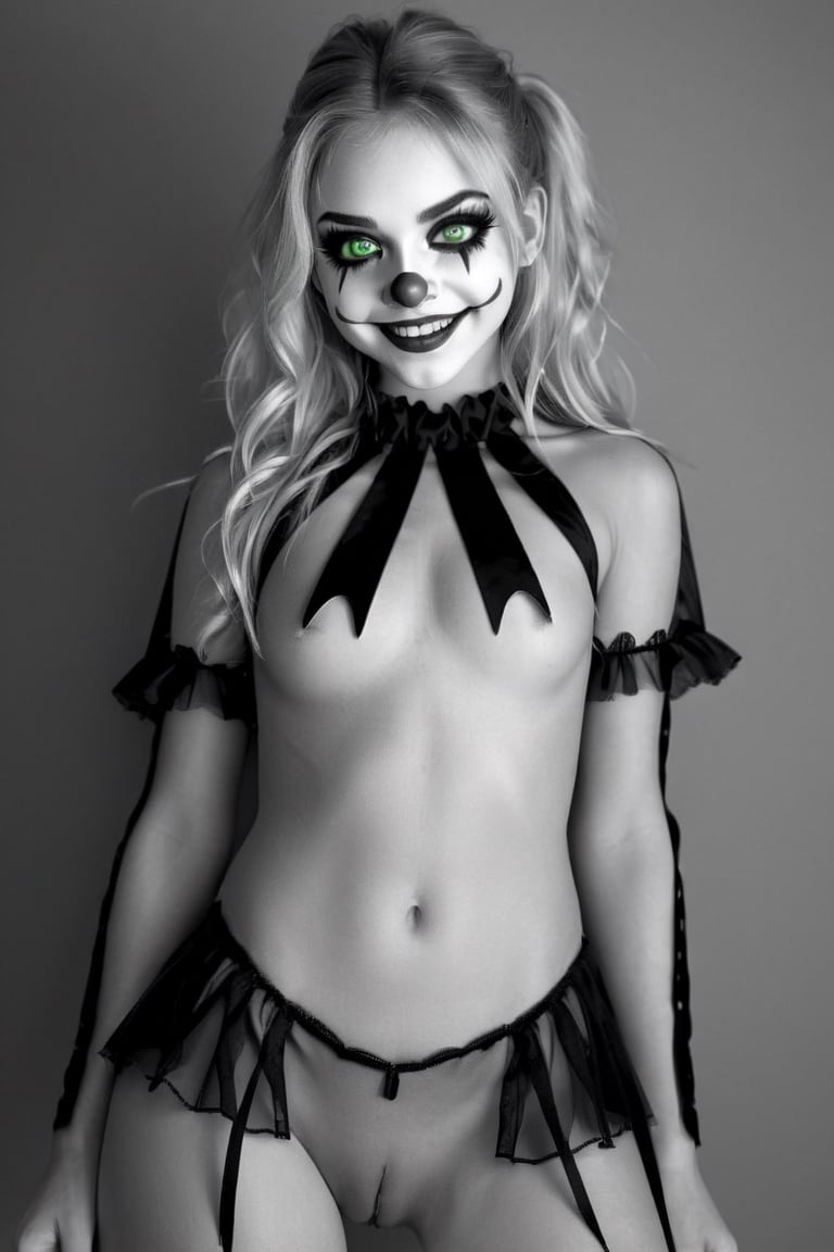 Black and white vintage full body photo of a  teen girl with glowing green eyes and clown makeup, by Artgerm, anime cgi style, creepypasta, about to devour you, mischievous smile, creepy pose, kabuki makeup, yume nikki, hyperreal render, [grinning evily], anigirl batman, lori earley, noire,Vanessa,full body