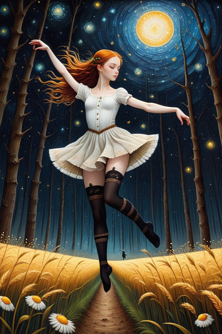 fine art, oil painting, two parts in one art, double exposure, best quality, dark tales, 
close up cute detailed ginger-haired 16 year old  girl, 
shuffle dancing in the rye field under Van Gogh starry sky, 
forest, detailed face, dynamic pose, (very small breast:1.3), (slim figure:1.3), (strapless stockings:1.4), (open white shirt:1.5),
Craola, Dan Mumford, Andy Kehoe, 2d, flat, cute, adorable, vintage, art on a cracked paper, patchwork, stained glass, fairytale, storybook detailed illustration, cinematic, ultra highly detailed, tiny details, beautiful details, mystical, luminism, vibrant colors, complex background,flat chested,Ballerina 