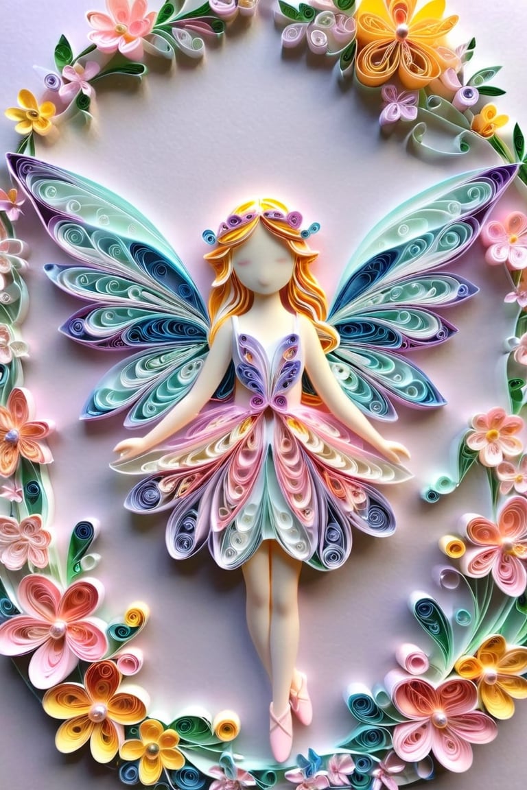  -gen ethereal girl fairy wings, floral paper quilling 3d art, sparkling, fantasycore, trichromatic