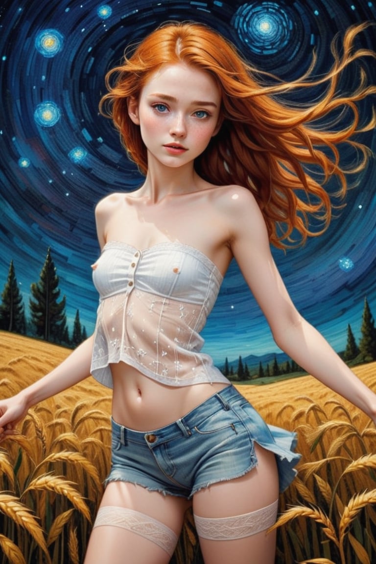 fine art, oil painting, two parts in one art, double exposure, best quality, dark tales,
close up cute detailed ginger-haired 16 year old sexy girl,
shuffle dancing in the rye field under Van Gogh starry sky,
forest, detailed face, dynamic erotic pose, ( small breast:1.3), (slim figure:1.3), (strapless stockings:1.4), (open white shirt:1.5),
Craola, Dan Mumford, Andy Kehoe, open eyes, flat, cute, adorable, vintage, art on a cracked paper, , patchwork, stained glass, fairytale, storybook detailed illustration, cinematic, ultra highly detailed, tiny details, beautiful details, mystical, luminism , vibrant colors, complex background, 