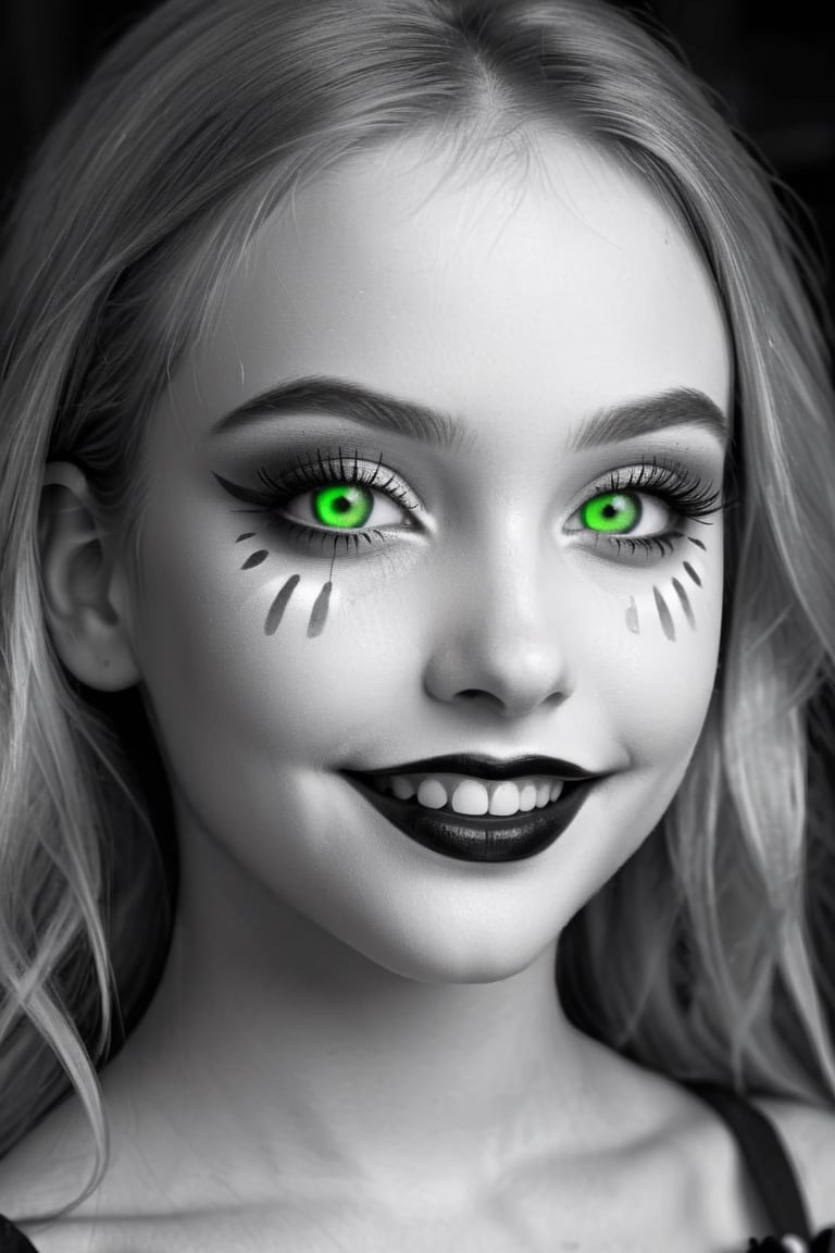 Black and white vintage uper body photo of a young girl with glowing green eyes and clown makeup, by Artgerm, anime cgi style, creepypasta, about to devour you, mischievous smile, creepy pose, kabuki makeup, yume nikki, hyperreal render, [[grinning evily]], anigirl batman, lori earley, noire,Vanessa,full body