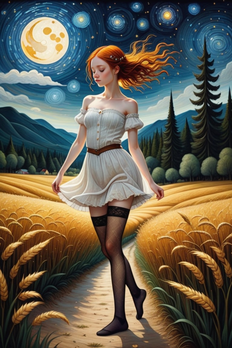 fine art, oil painting, two parts in one art, double exposure, best quality, dark tales, 
close up cute detailed ginger-haired 16 year old  girl, 
shuffle dancing in the rye field under Van Gogh starry sky, 
forest, detailed face, dynamic pose, (very small breast:1.3), (slim figure:1.3), (strapless stockings:1.4), (open white shirt:1.5),
Craola, Dan Mumford, Andy Kehoe, 2d, flat, cute, adorable, vintage, art on a cracked paper, patchwork, stained glass, fairytale, storybook detailed illustration, cinematic, ultra highly detailed, tiny details, beautiful details, mystical, luminism, vibrant colors, complex background,flat chested,Ballerina 