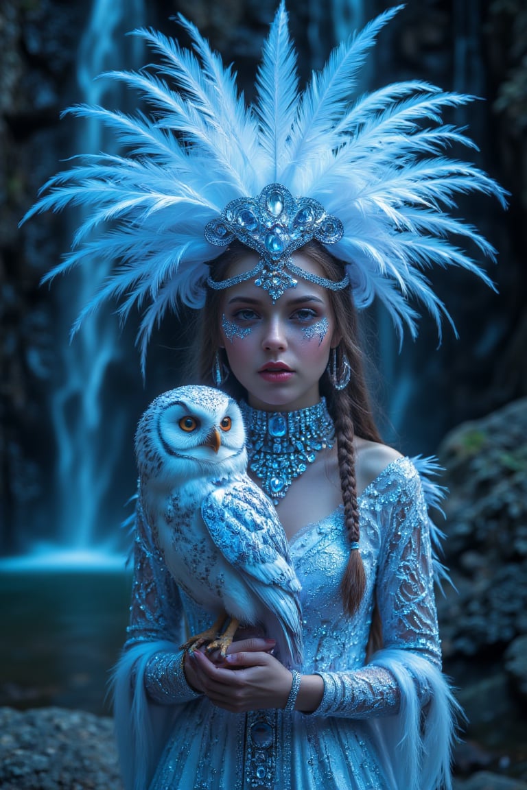 Ultimate realistic ,Girl in feather headdress holding a baby a owl, standing in front of a waterfall, trending on cg society, fantasy art, glowing sparkling crystals, white braids, blue jewelry, ethereal lighting ,(( sexy, eros,)) profile picture, glowing white neon eyes, white cyan covered in jewels, girl with feathers, neon owl, shimmering and spiral nubella, azure. detailed hair 