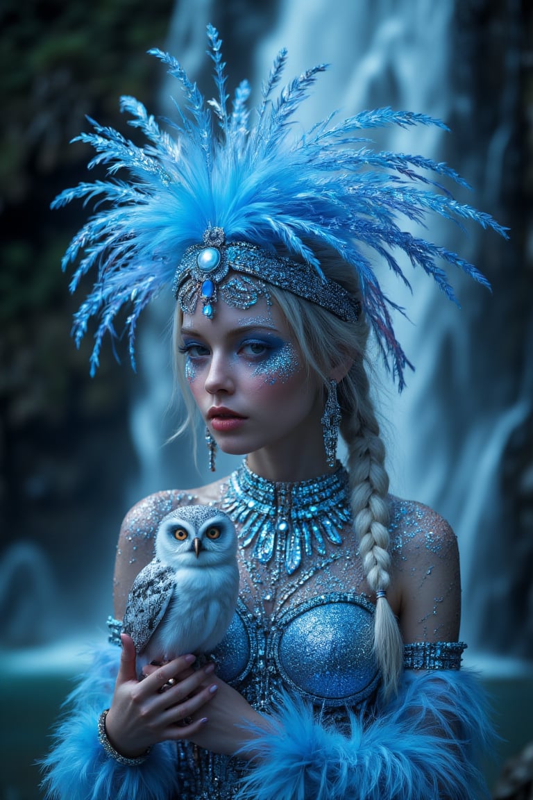 Ultimate realistic ,Girl in feather headdress holding a baby a owl, standing in front of a waterfall, trending on cg society, fantasy art, glowing sparkling crystals, white braids, blue jewelry, ethereal lighting ,(( sexy, eros,)) profile picture, glowing white neon eyes, white cyan covered in jewels, girl with feathers, neon owl, shimmering and spiral nubella, azure. detailed hair 