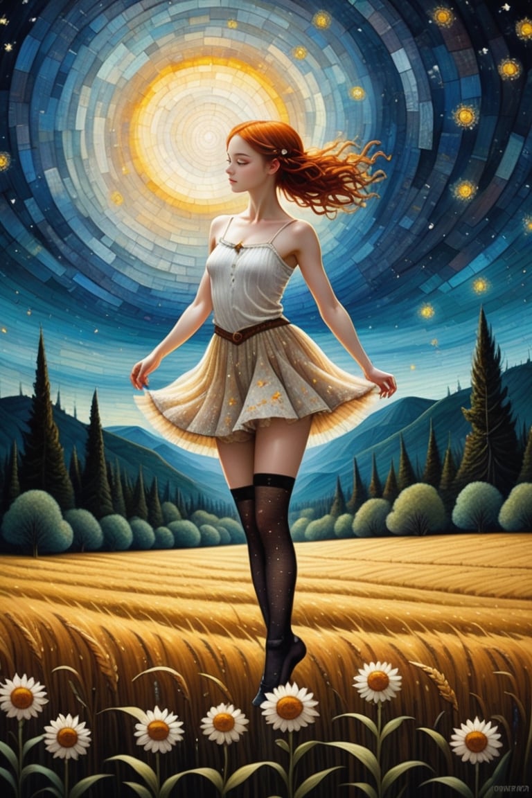 fine art, oil painting, two parts in one art, double exposure, best quality, dark tales, 
close up cute detailed ginger-haired 16 year old  girl, 
shuffle dancing in the rye field under Van Gogh starry sky, 
forest, detailed face, dynamic pose, (very small breast:1.3), (slim figure:1.3), (strapless stockings:1.4), (open white shirt:1.5),
Craola, Dan Mumford, Andy Kehoe, 2d, flat, cute, adorable, vintage, art on a cracked paper, patchwork, stained glass, fairytale, storybook detailed illustration, cinematic, ultra highly detailed, tiny details, beautiful details, mystical, luminism, vibrant colors, complex background,flat chested,Ballerina 